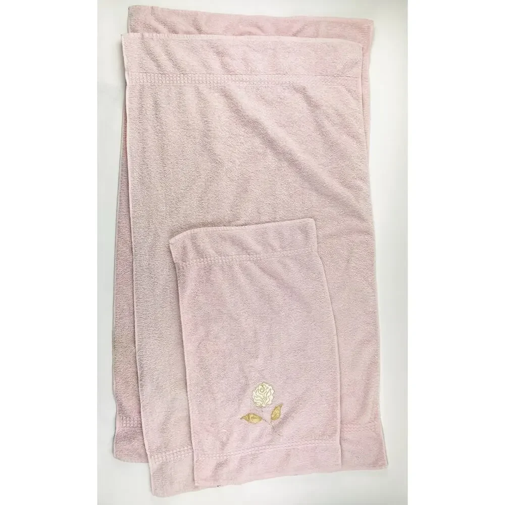 Cannon Bath Body Hand Towel Set Vintage Pink Floral Appliqué Gold Rose USA Flowe